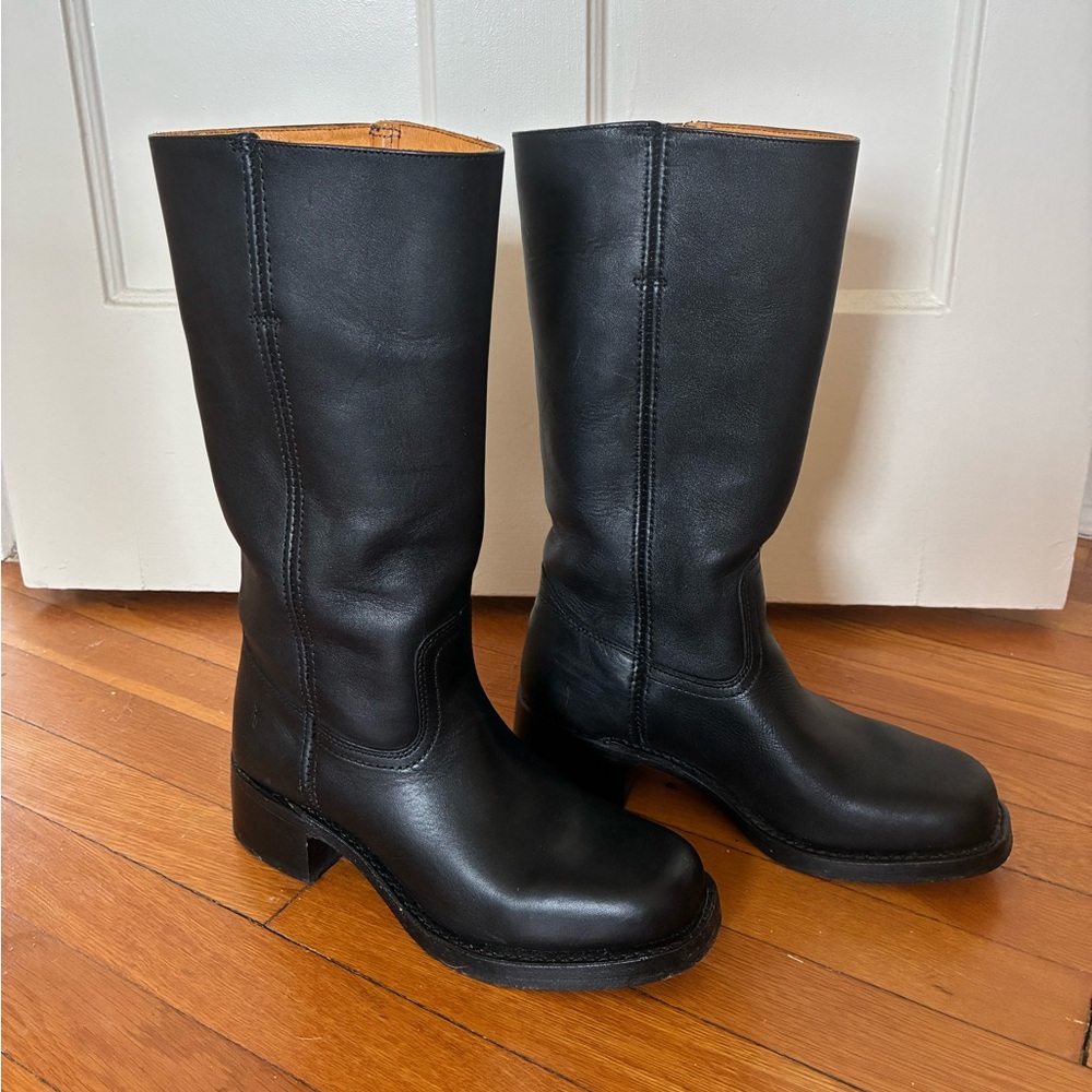 Frye Campus 14L Leather Heeled Knee High Boots in Black US 9